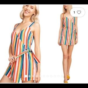 LE LIS Rainbow Striped Colorful Wrap Romper Dress